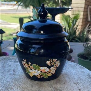 AVON vintage Black Ceramic Lidded Jar with Floral Design